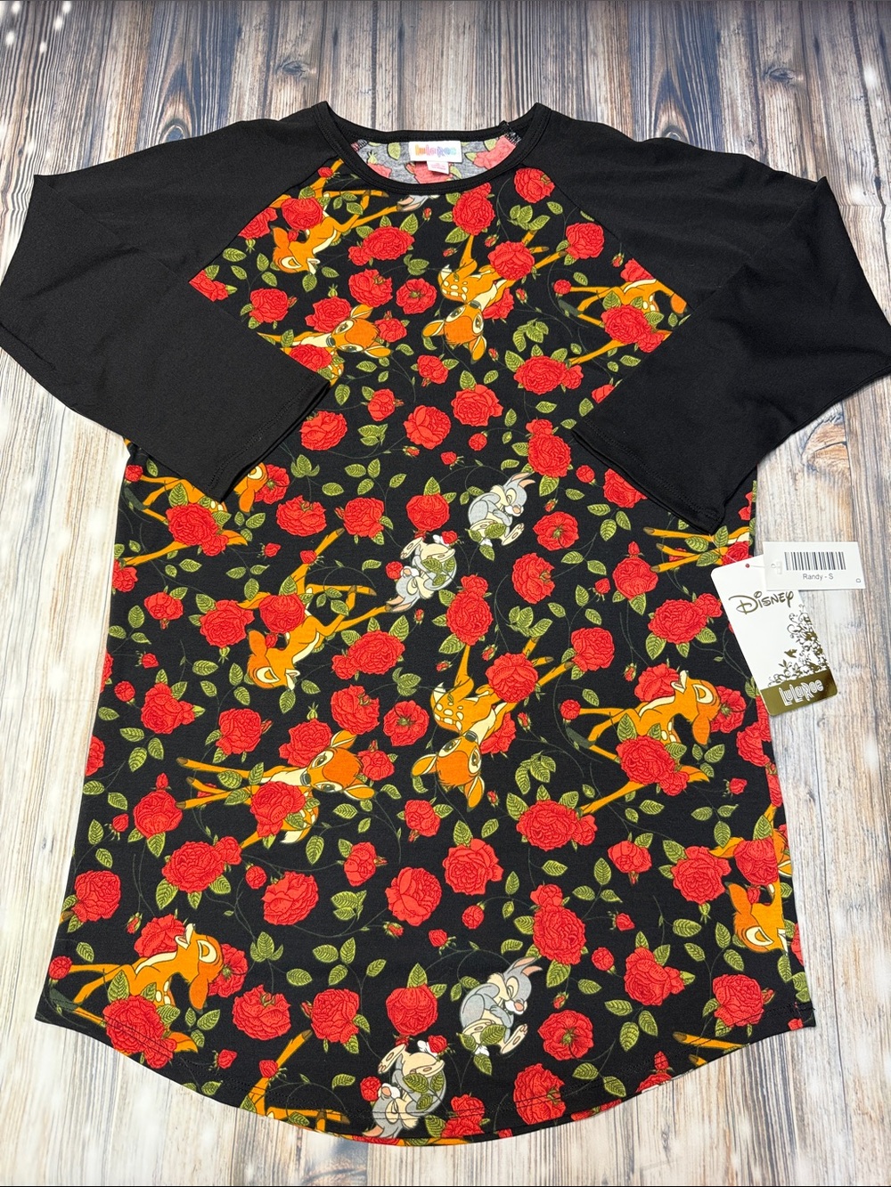LuLaRoe Disney Randy Black Floral Bambi Raglan Top women’s size S